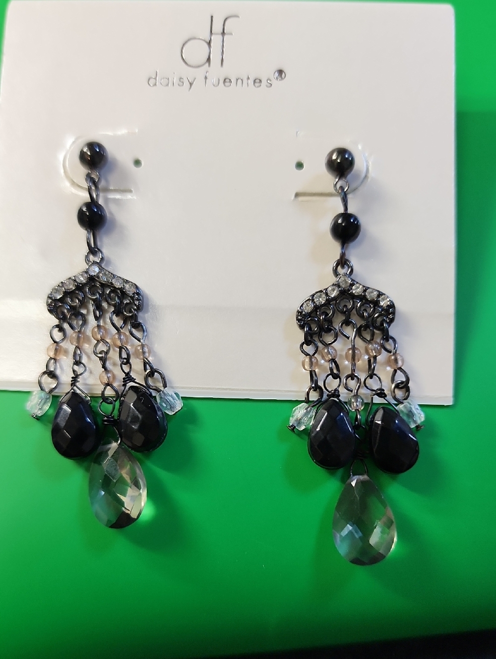 Daisy Fuentes Black and Clear Beaded Chandelier Earrings
